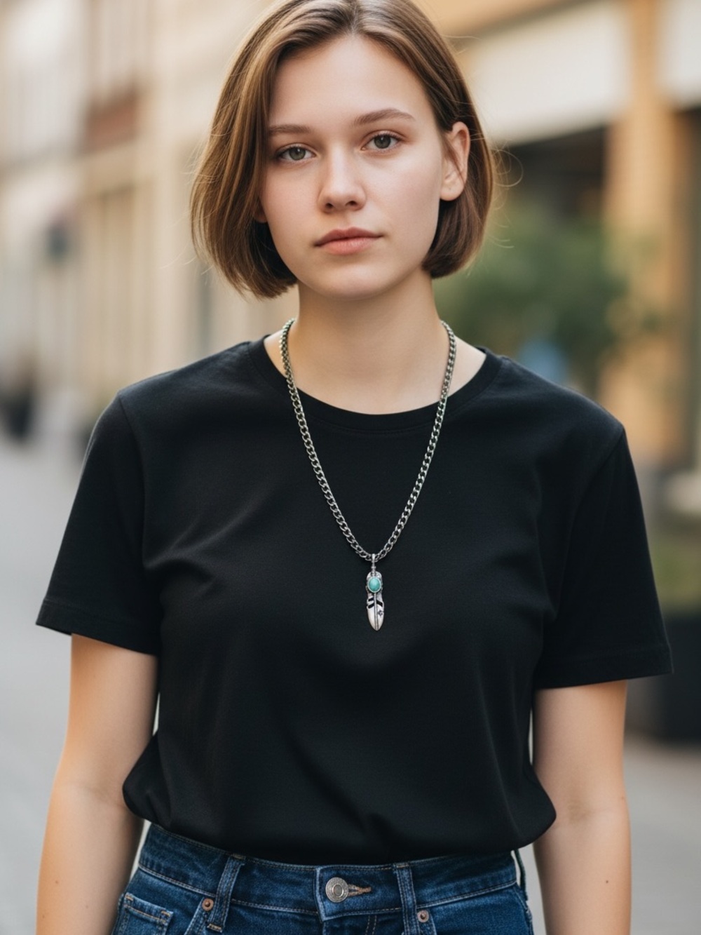 Silver Feather Pendant Necklace with Turquoise Stone Unisex NIP